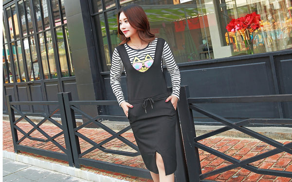 NewCollectionWomenKoreanStyleStripedPrintedTopsBlackTwoPiecesDress-PME090833BA