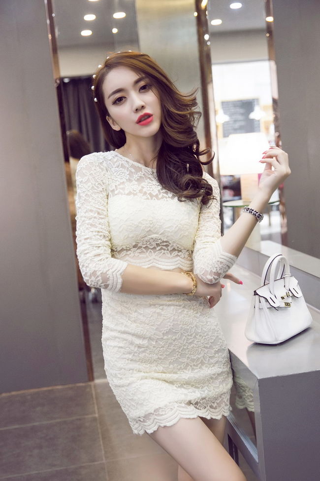 NewCollectionWomenNightClubLaceBlankSexyLongSleeveDress-PME090403