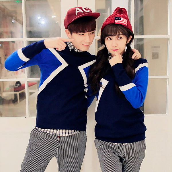 NewFashionCoupleTopsStreetStyleActiveHandsomeBlueGeometricPrintedSweater-PYE082809NB