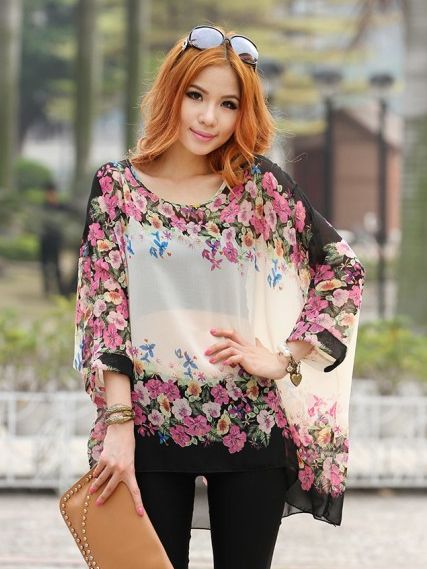 NewFashionFloralPrintingBatSleeveLooseBlouse-ZR031704