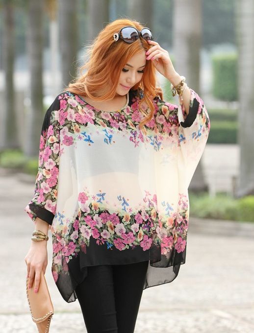 NewFashionFloralPrintingBatSleeveLooseBlouse-ZR031704