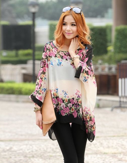 NewFashionFloralPrintingBatSleeveLooseBlouse-ZR031704