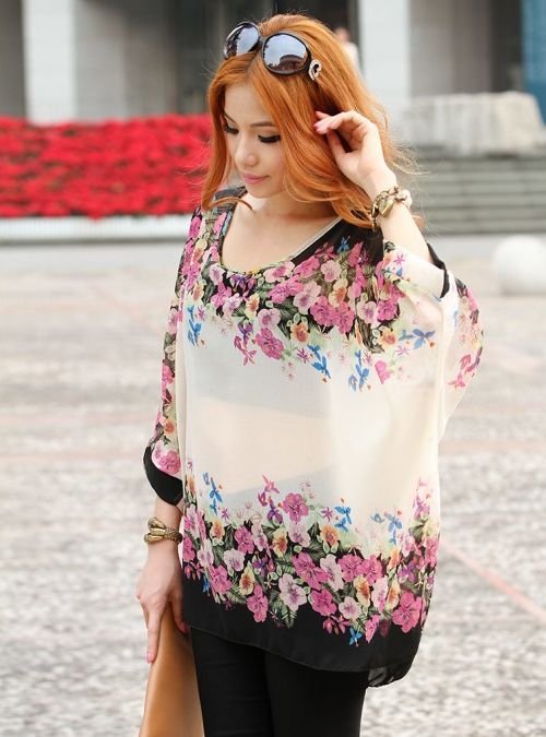 NewFashionFloralPrintingBatSleeveLooseBlouse-ZR031704