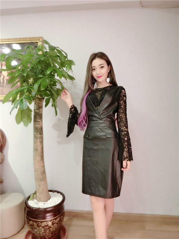 NewFashionLaceVNeckPUTwoPiecesDress-AFK091726BA