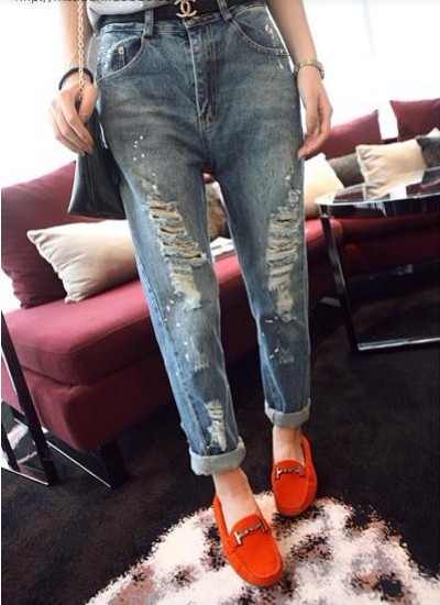 NewFashionWomenNaturalWaistDestroyedFittedDenimJeans-SL081609DB