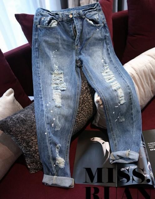 NewFashionWomenNaturalWaistDestroyedFittedDenimJeans-SL081609DB