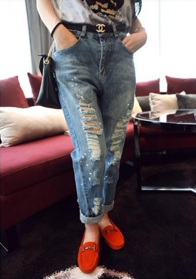 NewFashionWomenNaturalWaistDestroyedFittedDenimJeans-SL081609DB