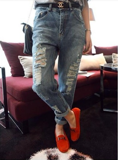 NewFashionWomenNaturalWaistDestroyedFittedDenimJeans-SL081609DB