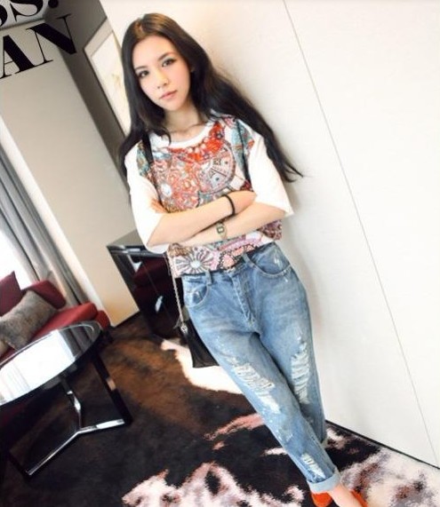 NewFashionWomenNaturalWaistDestroyedFittedDenimJeans-SL081609DB