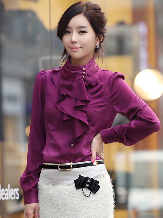 NewKoreanPuffSleeveStandCollarPurpleBlouse-CR031121PR