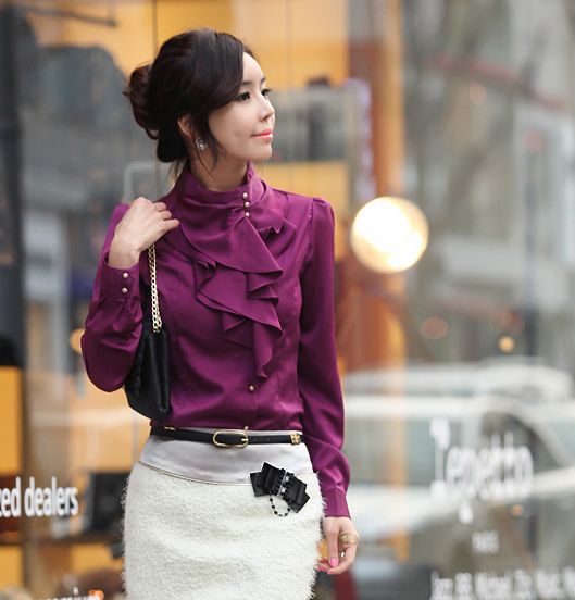 NewKoreanPuffSleeveStandCollarPurpleBlouse-CR031121PR