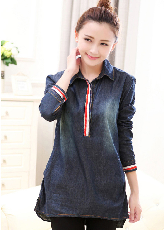 NewSpringLookHighQualityLapelLongSleevePulloverDenimWomenCheapBlouse-XHE041311