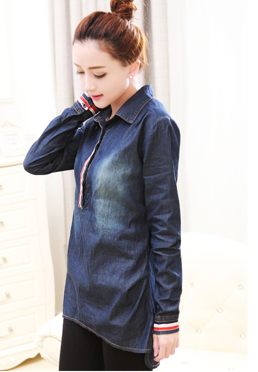 NewSpringLookHighQualityLapelLongSleevePulloverDenimWomenCheapBlouse-XHE041311