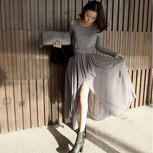 NewestDesignChiffonSplitLongSleeveOffShoulderWomenMaxiDress-XFE120921