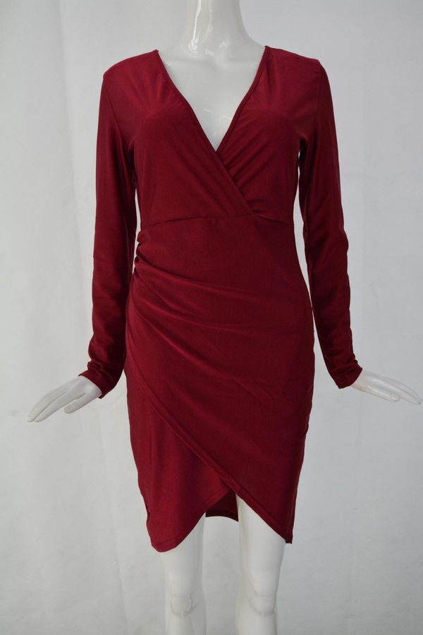 NewestDesignWineRedLongSleeveBodyconBlankFittedWomenDress-XFE112655WR