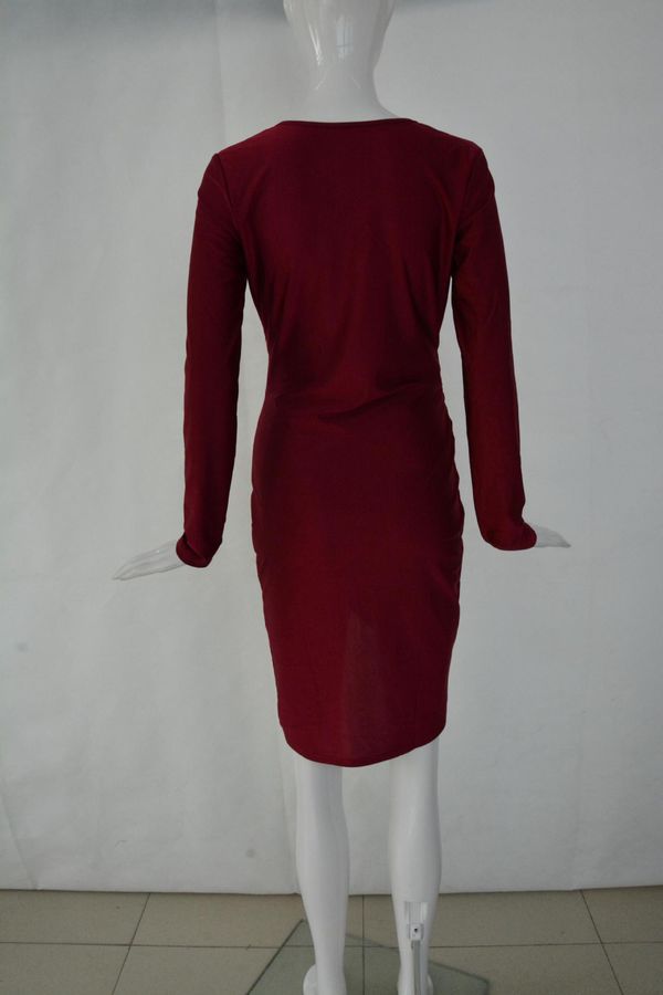 NewestDesignWineRedLongSleeveBodyconBlankFittedWomenDress-XFE112655WR