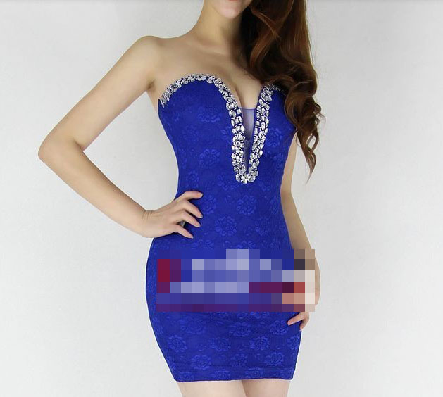 NightclubStyleWrapGauzeEmbossingStraplessDressDiamondPlungingVNeckBacklessBlueDress-DFT121243BU