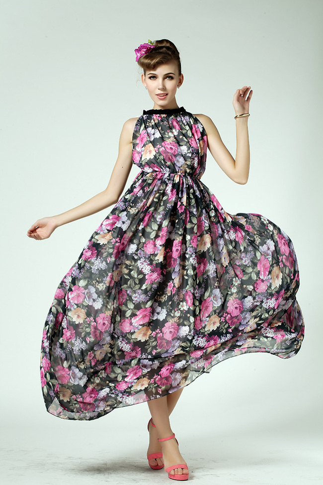 NobleElegantFashionFloralColorBlockStandCollarHighWaistSleevelessLongMaxiDress-CMT051918