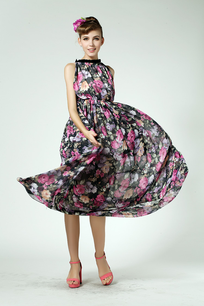 NobleElegantFashionFloralColorBlockStandCollarHighWaistSleevelessLongMaxiDress-CMT051918
