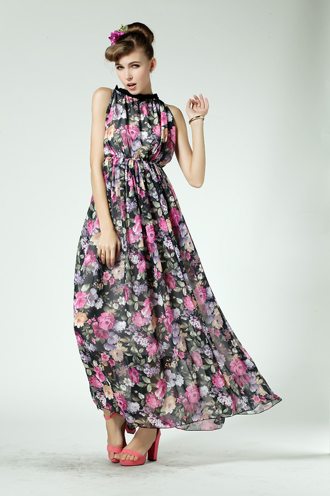 NobleElegantFashionFloralColorBlockStandCollarHighWaistSleevelessLongMaxiDress-CMT051918