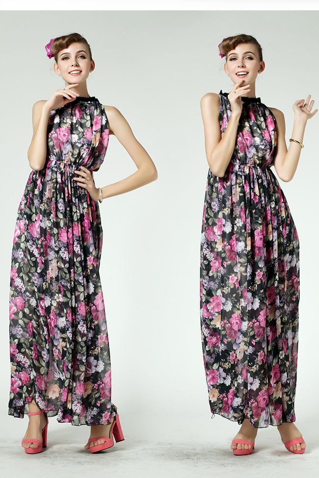 NobleElegantFashionFloralColorBlockStandCollarHighWaistSleevelessLongMaxiDress-CMT051918