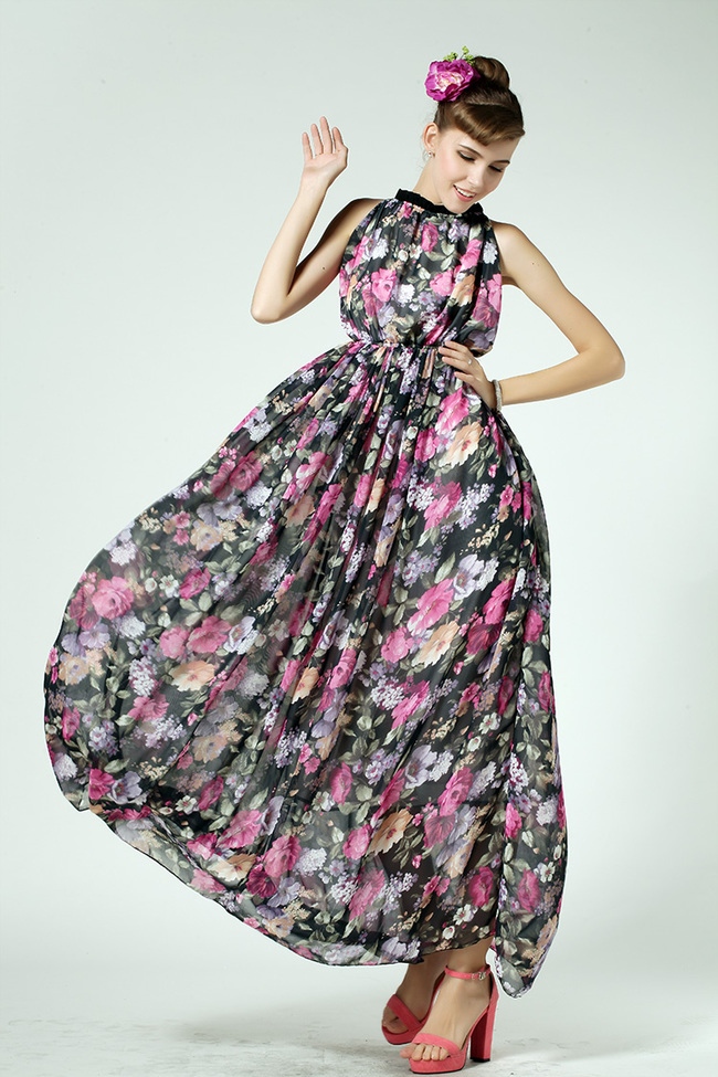 NobleElegantFashionFloralColorBlockStandCollarHighWaistSleevelessLongMaxiDress-CMT051918