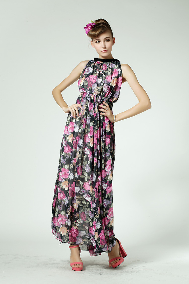 NobleElegantFashionFloralColorBlockStandCollarHighWaistSleevelessLongMaxiDress-CMT051918