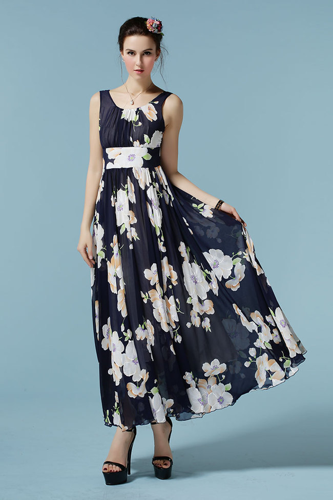 NobleElegantWomenFloralPrintingBallGownChiffonMaxiDress-ZME061707NB