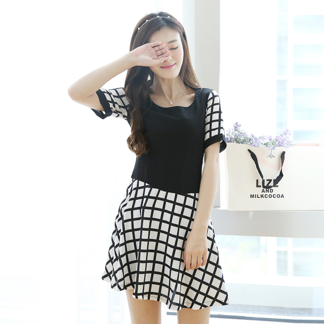 OLStyleGridPrintShortSleeveSmartWaistBlackDress-DFE051638BA