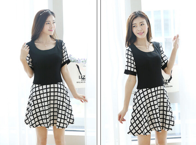 OLStyleGridPrintShortSleeveSmartWaistBlackDress-DFE051638BA