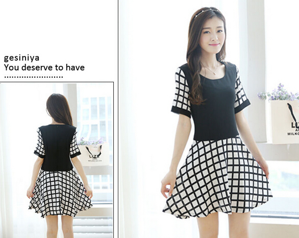 OLStyleGridPrintShortSleeveSmartWaistBlackDress-DFE051638BA