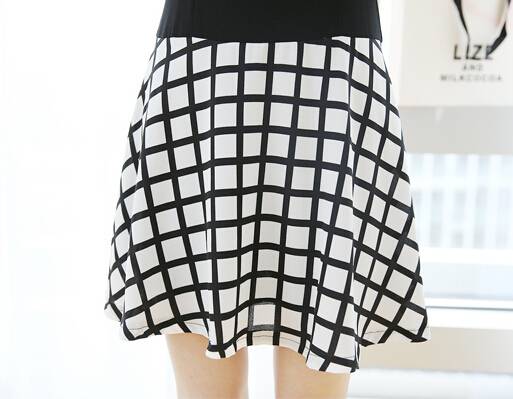 OLStyleGridPrintShortSleeveSmartWaistBlackDress-DFE051638BA