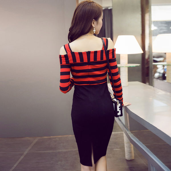 OLStyleStripePatternHemSlitOffShoulderSexyDressTightDress-DFE091850RD