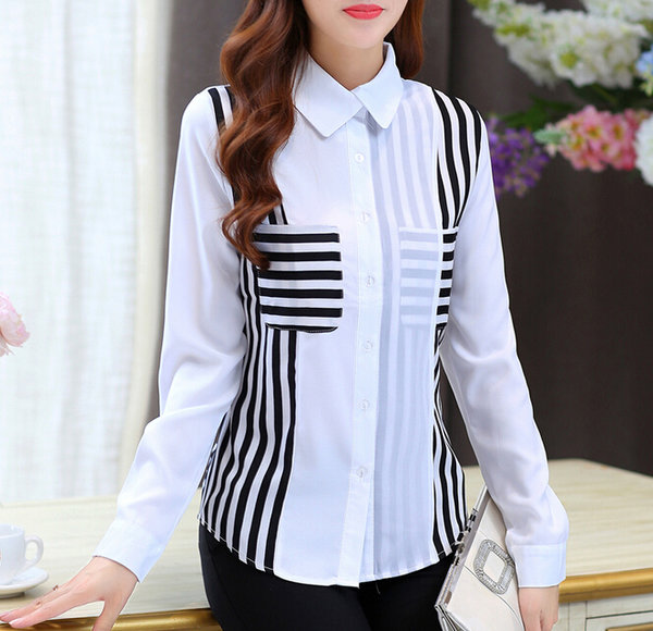 OfficeLadyFashionStripedLongSleevePoloNeckWhiteBlouse-ZME092349WI