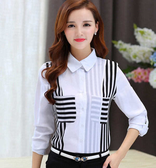 OfficeLadyFashionStripedLongSleevePoloNeckWhiteBlouse-ZME092349WI