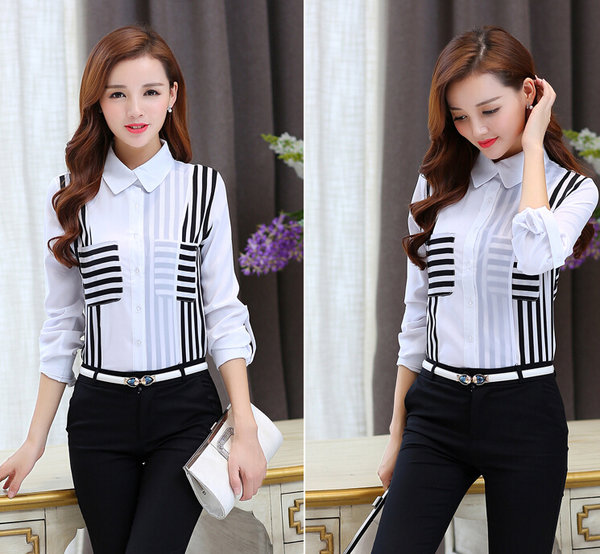 OfficeLadyFashionStripedLongSleevePoloNeckWhiteBlouse-ZME092349WI