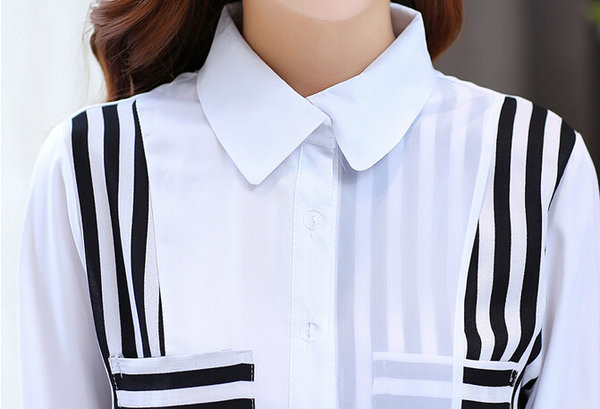 OfficeLadyFashionStripedLongSleevePoloNeckWhiteBlouse-ZME092349WI