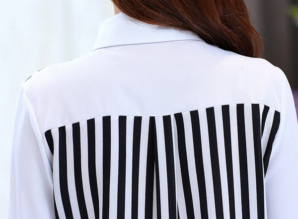 OfficeLadyFashionStripedLongSleevePoloNeckWhiteBlouse-ZME092349WI