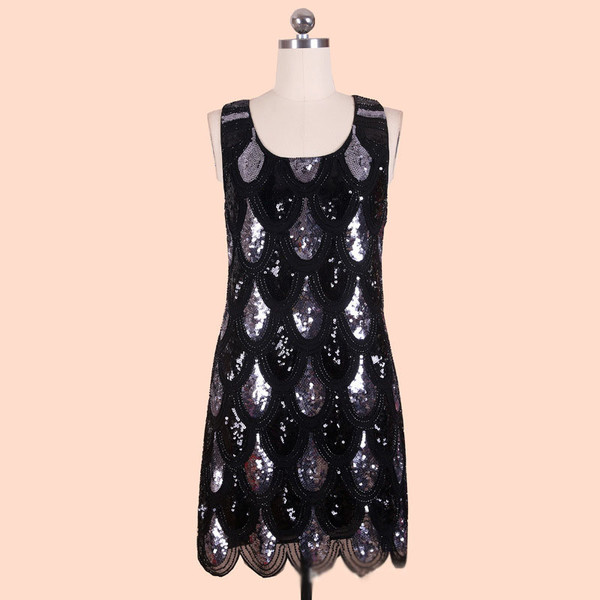 OutletSequinedCrewNeckBlackPartyDress-TFK080902BA