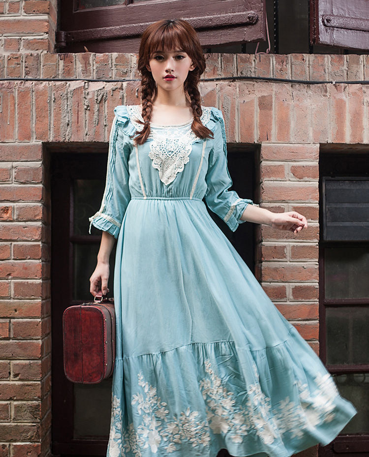 RetroFashion2014DressThree-quarterSleeveMidWaistPatchWorkDressBallGownMaxiDress-ZMT102806AU