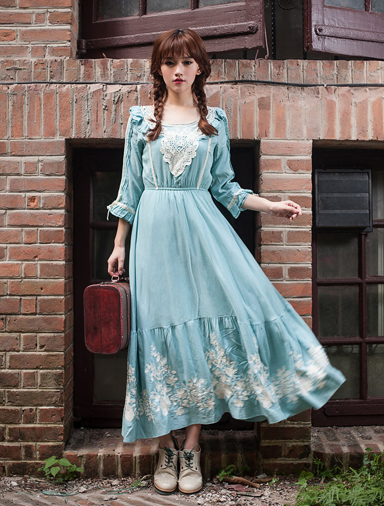 RetroFashion2014DressThree-quarterSleeveMidWaistPatchWorkDressBallGownMaxiDress-ZMT102806AU