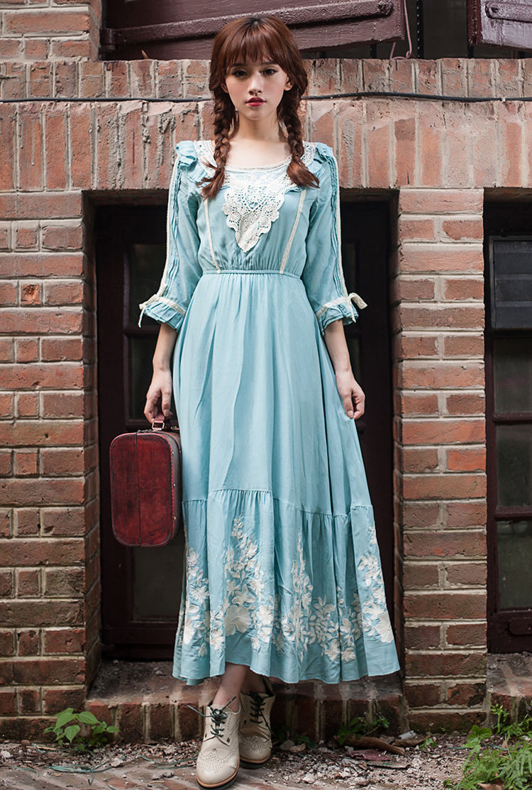 RetroFashion2014DressThree-quarterSleeveMidWaistPatchWorkDressBallGownMaxiDress-ZMT102806AU