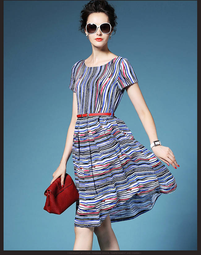 RetroStyleSlimmingStripedPrintedPleatedDressForWomen-XHE072501