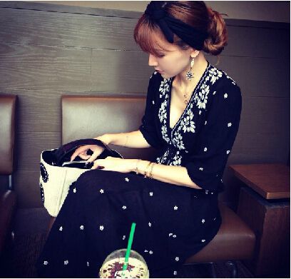 SexyAndElegantLongSleeveEmbroideryTrendyVNeckBlackMaxiDress-XFE100933BA