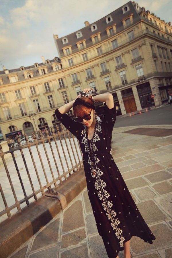 SexyAndElegantLongSleeveEmbroideryTrendyVNeckBlackMaxiDress-XFE100933BA