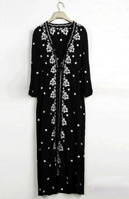 SexyAndElegantLongSleeveEmbroideryTrendyVNeckBlackMaxiDress-XFE100933BA