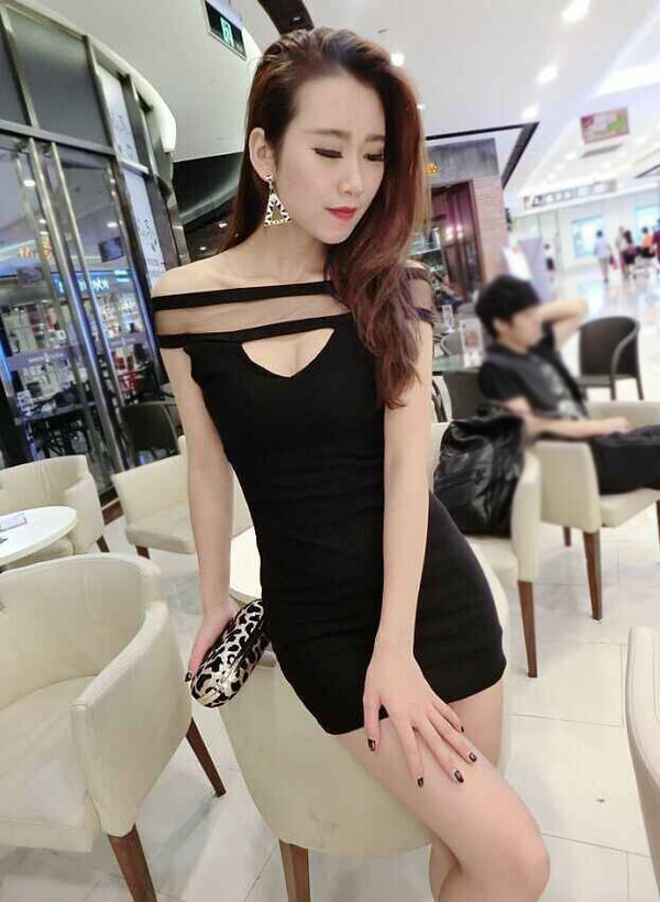 SexyBoatNeckMeshSplicedHollowOutBodyconWomenMiniDress-XFE092847