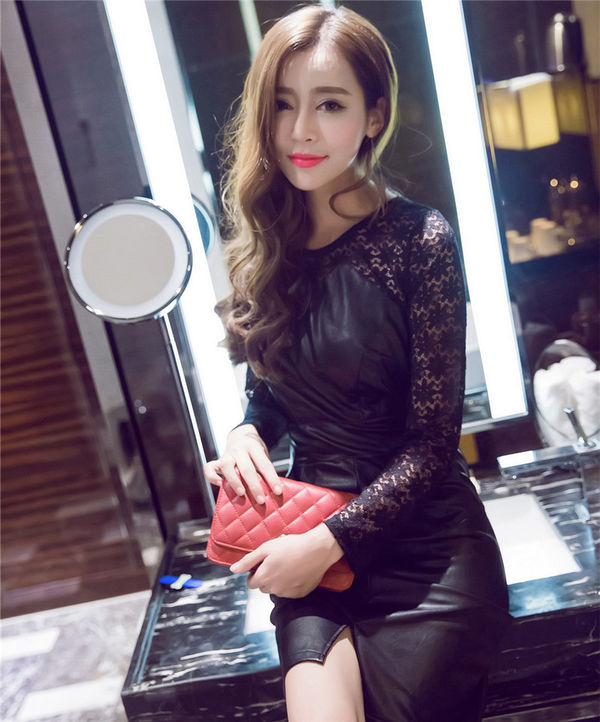 SexyElegantWomenLaceSplicedLongSleeveMotorcycleBlackDresses-ZFE091641BA