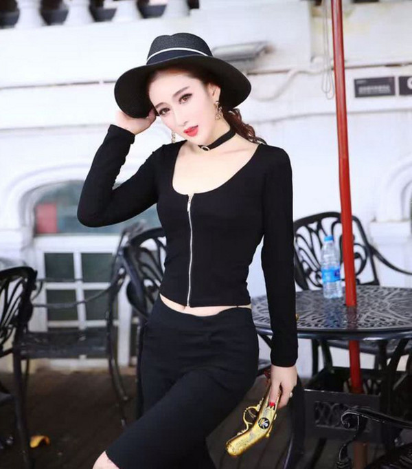 SexyFashionUNeckZipperWomenTops-YHK090618