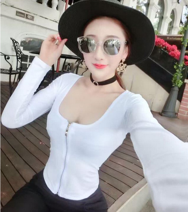 SexyFashionUNeckZipperWomenTops-YHK090618